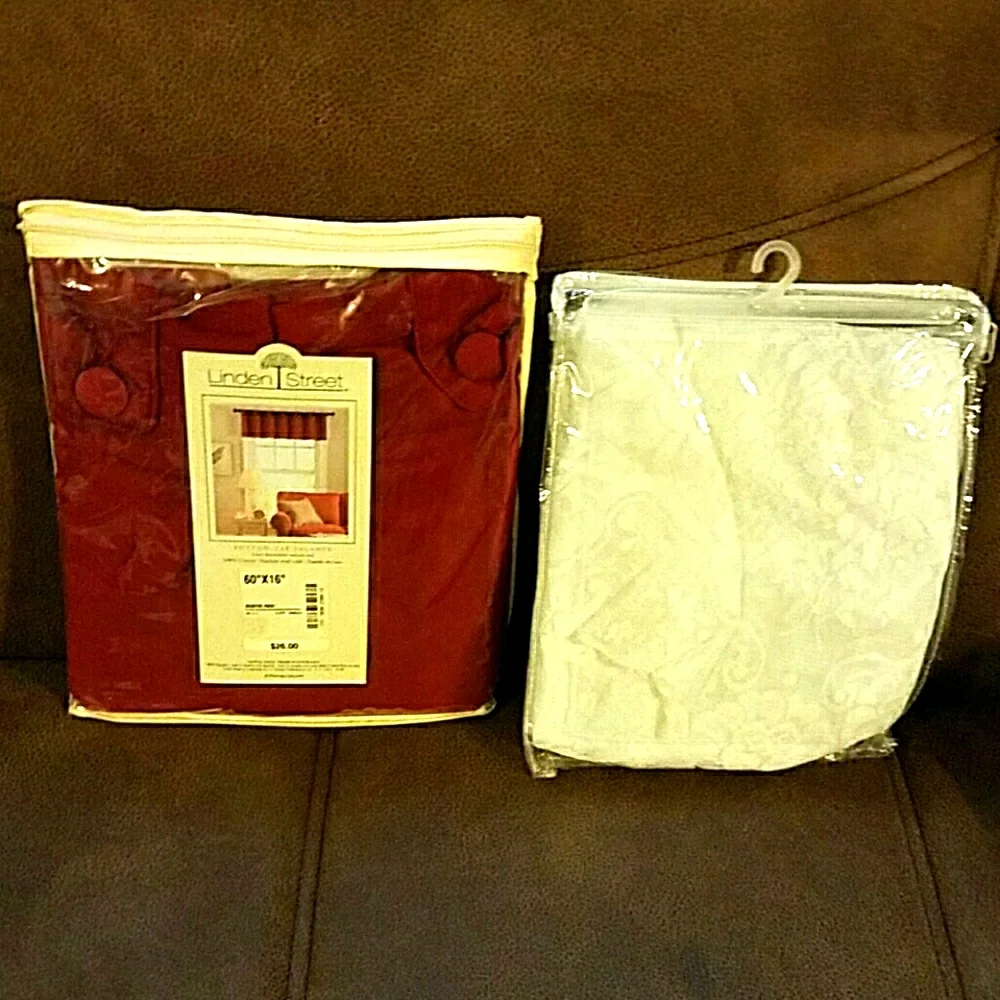 White lace valance set and rustic red valance